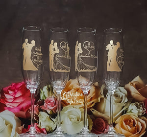 Gravarea cu laser a paharelor din cristal de vin și de șampanie pentru nunți cu finisaj auriu
