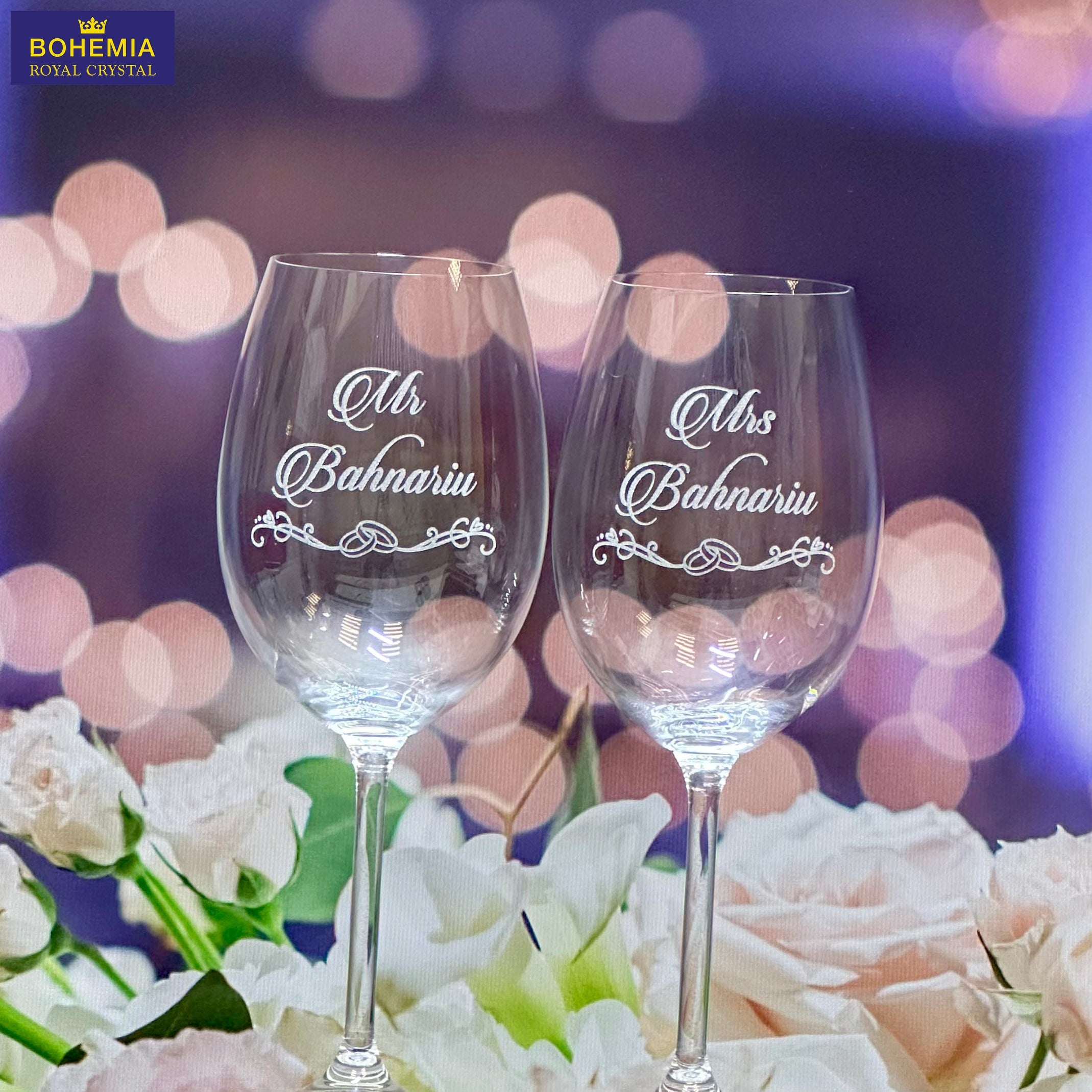 Set of two Mr Mrs engraved wine glasses Christine Style Events